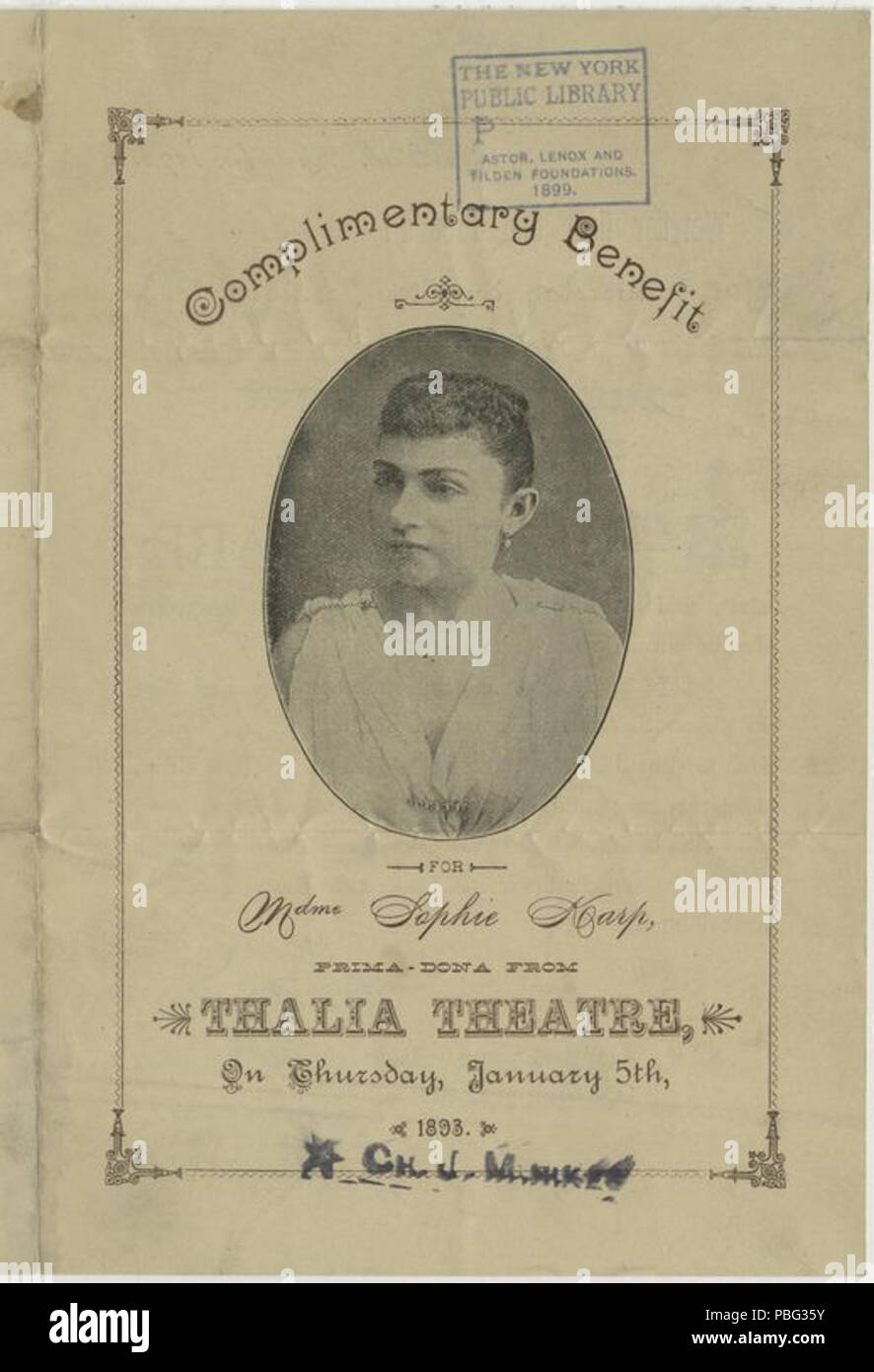 . English: Theatre placard; benefit for Yiddish theatre actress (and singer) Sophie Karp at the Thalia Theatre, New York City 5 January 1893 . Theatre placard for a 5 January 1893 event 1551 Sophie Karp 5 Jan 1893 poster Stock Photo