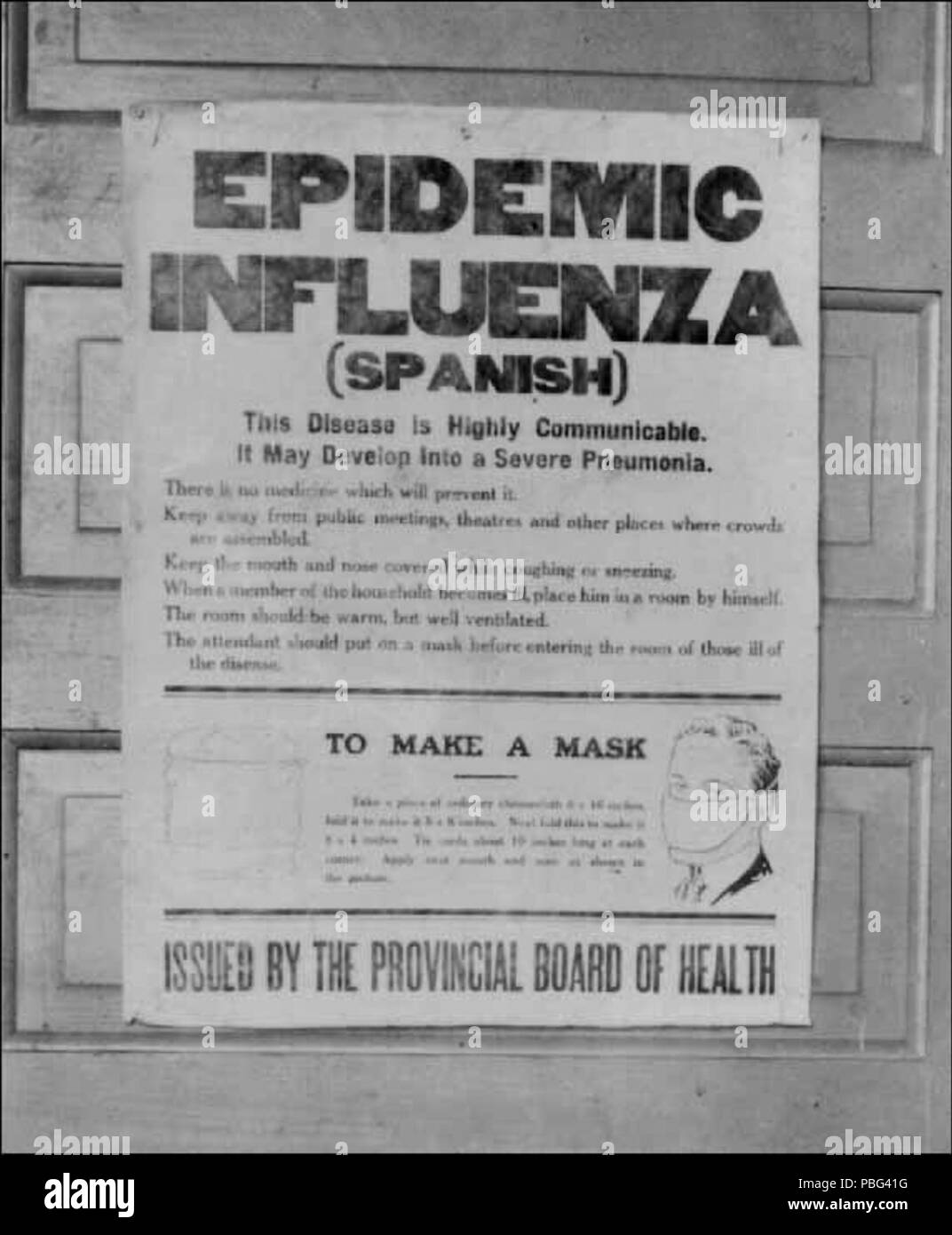 . English: A period photo of a poster issued by Alberta's provincial board of health alerting the public to the influenza epidemic. The poster gives information on the Spanish flu, and instructions on how to make a mask. circa 1918 1557 SpanishFluPosterAlberta Stock Photo