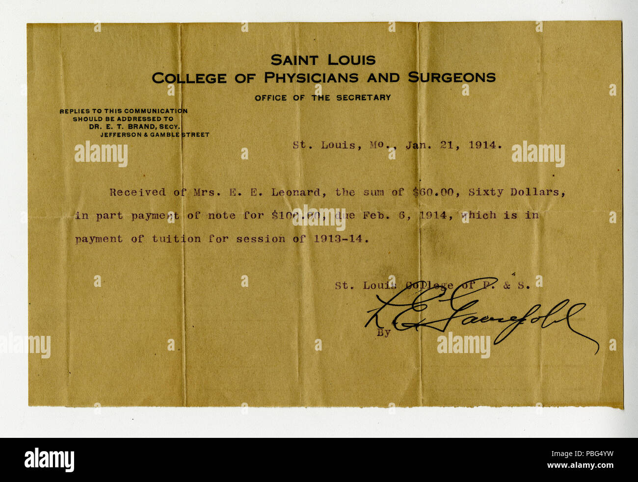 1565 St. Louis College of Physicians and Surgeons receipt of payment from Esther E. Leonard, January 21, 1914 Stock Photo