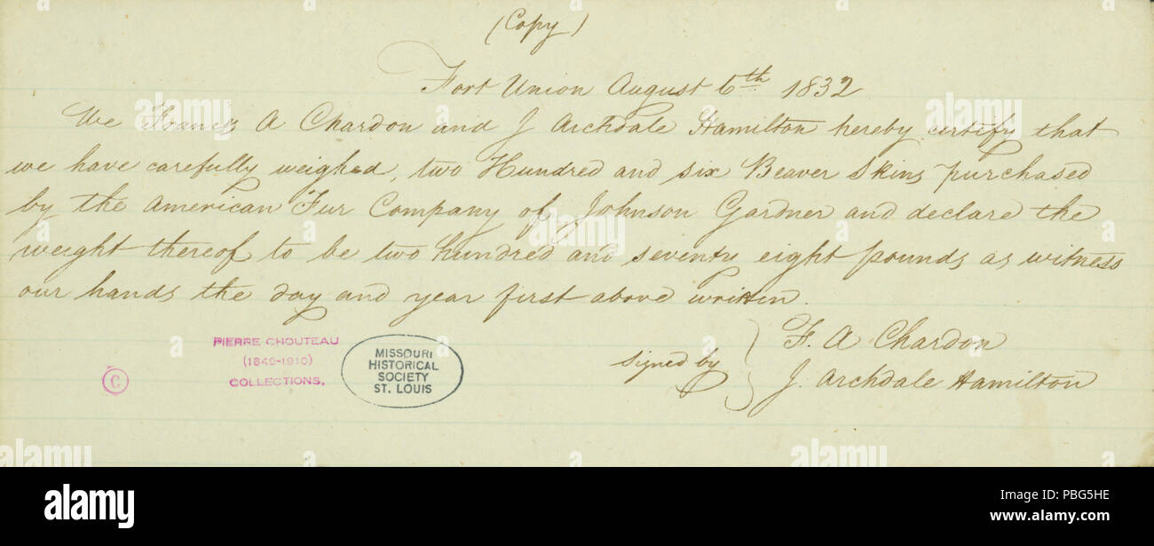 1570 Statement of F.A. Chardon and J. Archdale Hamilton, Fort Union, August 6, 1832 Stock Photo