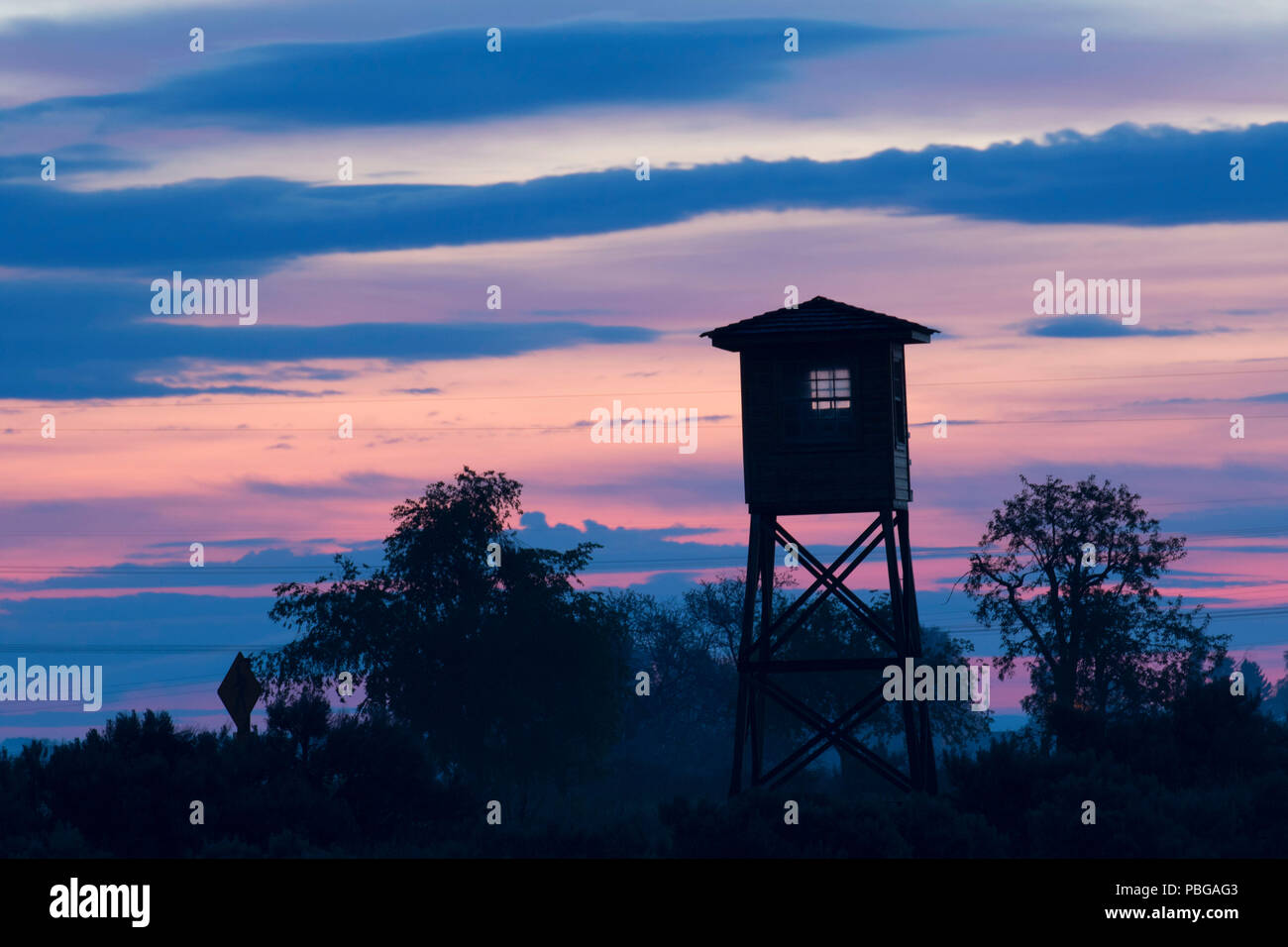 Guard tower dawn, Minidoka National Historic Site, Idaho Stock Photo