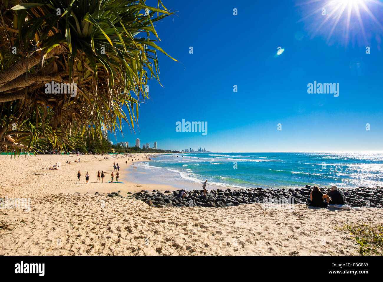 GOLD COAST, AUS JULY 8 2018 Gold Coast skyline and surfing beach at Burleigh Heads