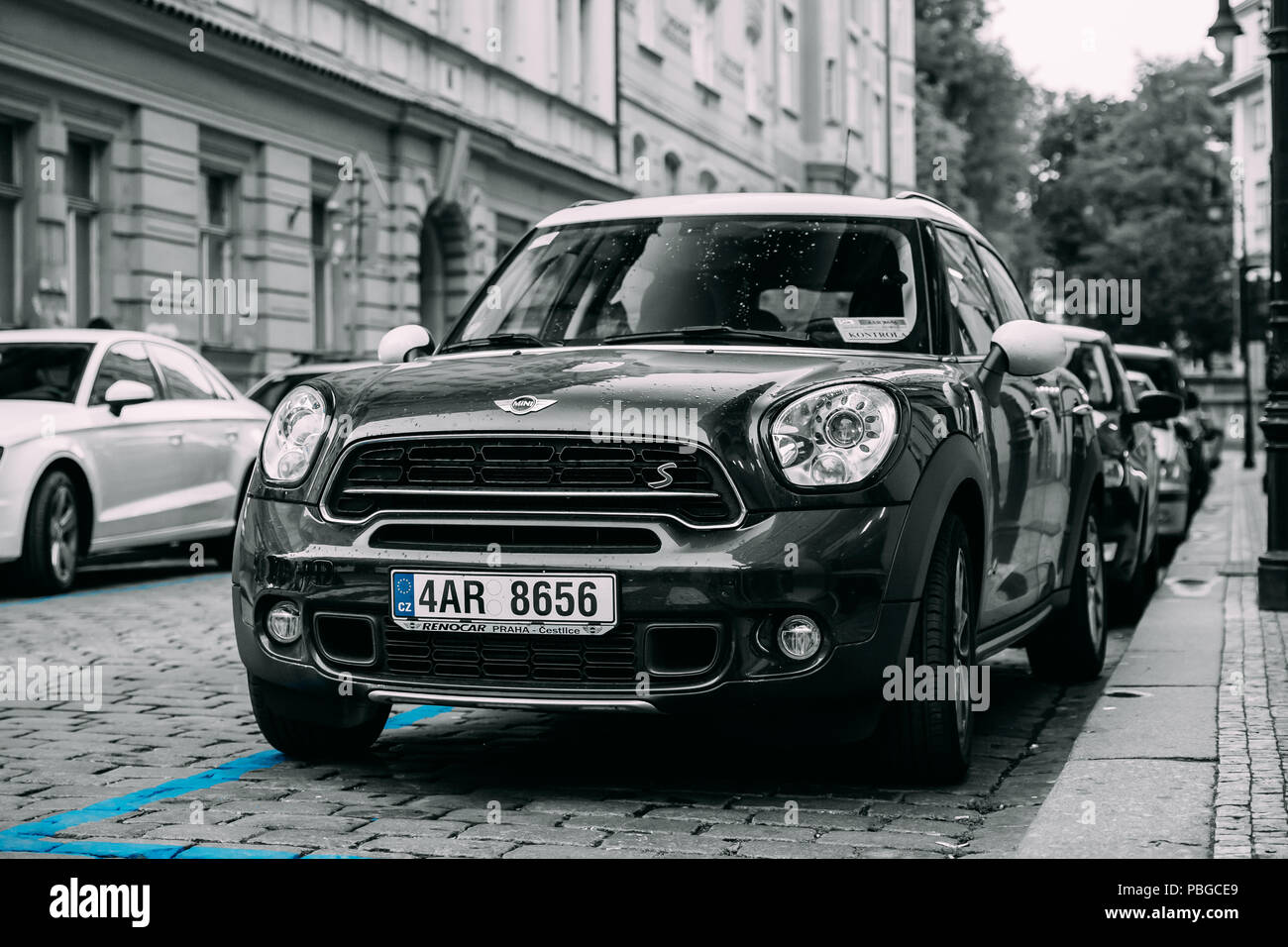 Prague, Czech Republic - September 24, 2017: Black Mini Cooper Countryman S All4 Sd Car With 2.0 Litre Turbodiesel Engine Parked In Street. Car Of Sec Stock Photo