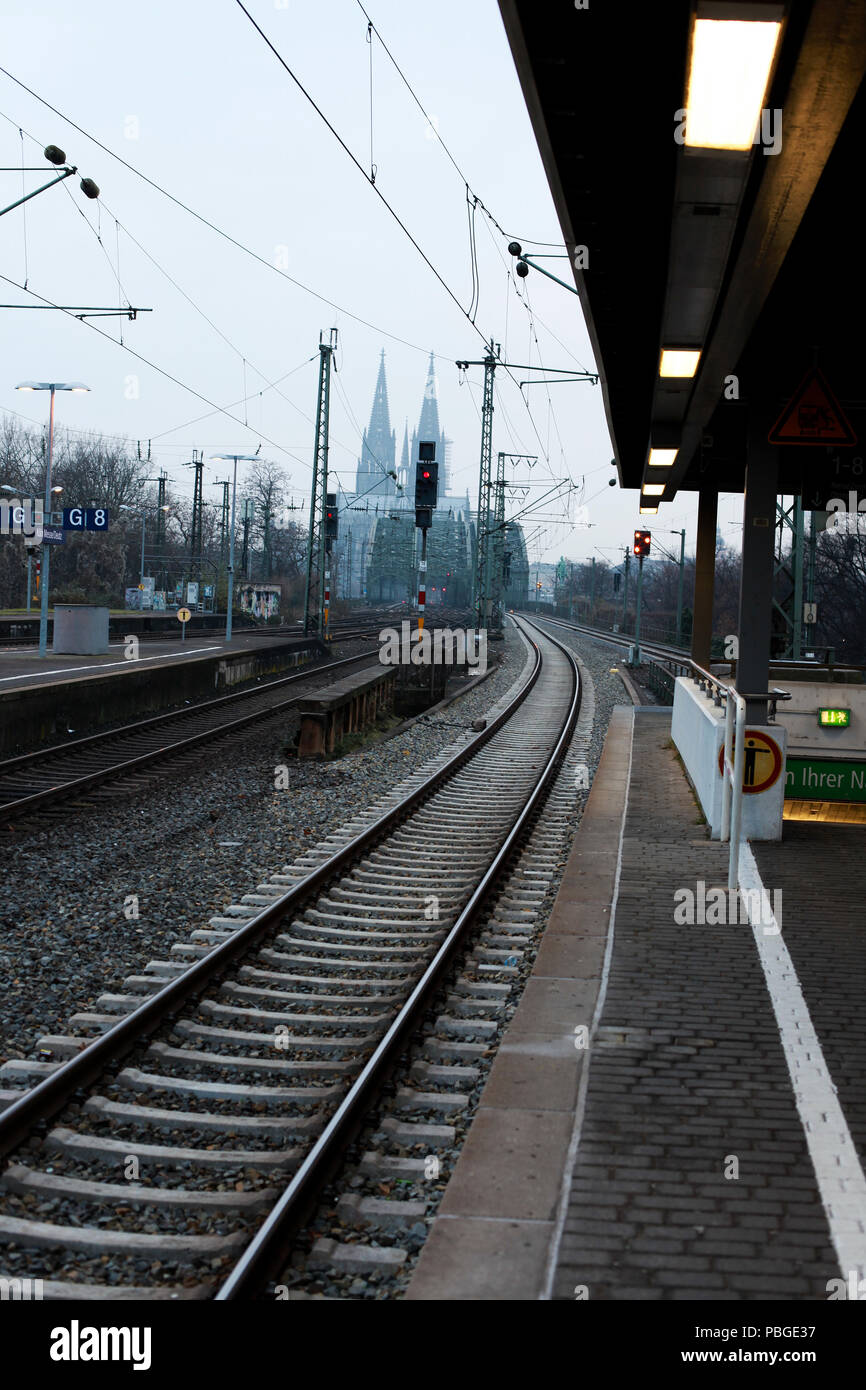 Empty train station at Cologne Germany following the discovery of an unexploded world war 2 bomb nearby. Stock Photo