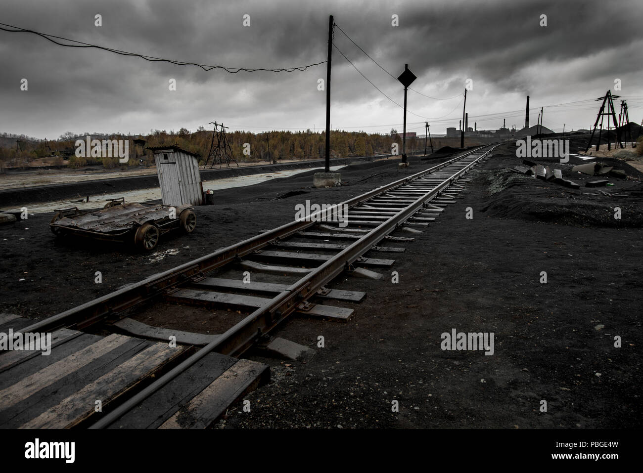 landscape with railway,  pollution of the environment emission of  industrial plant, Karabash city;  Russia Stock Photo