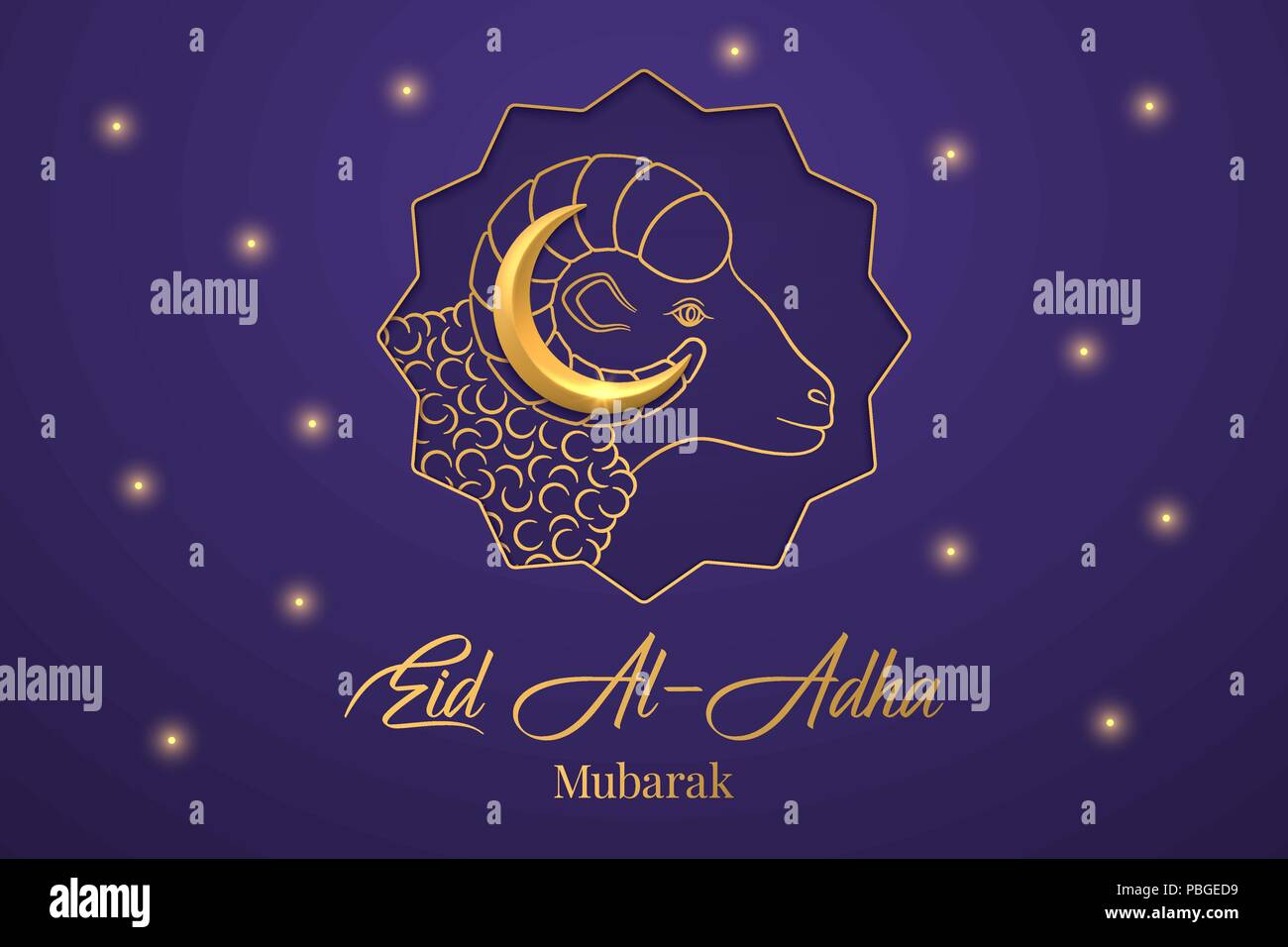 Muslim Holiday Eid Al Adha Mubarak Vector Illustration Of The Feast Of Sacrifice With Golden Ram And Crescent On The Dark Blue Background Graphic De Stock Vector Image Art Alamy