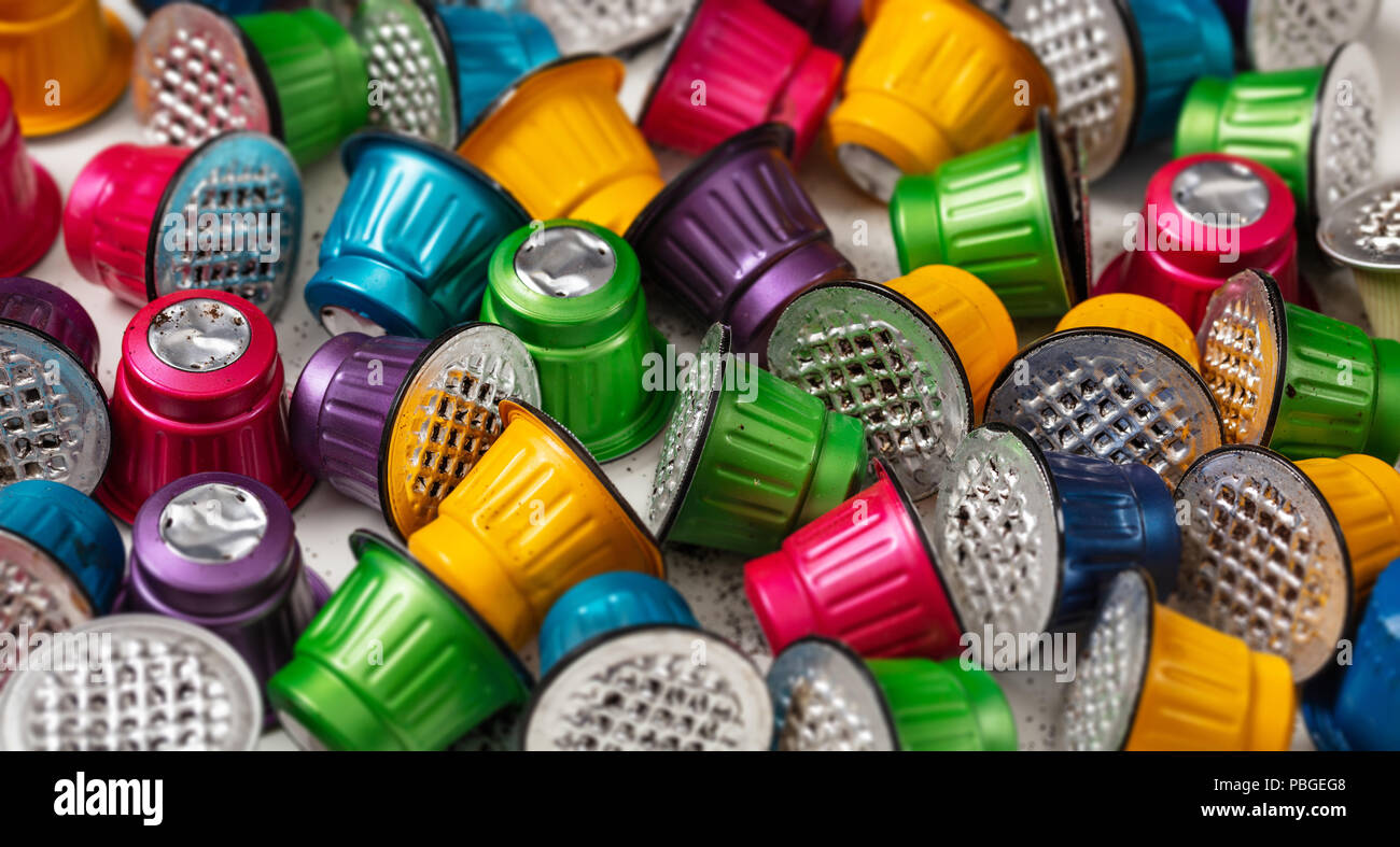 Colorful Used Espresso Coffee Capsules Background Closeup View With Details Colorful Used Espresso Coffee Capsules Background Closeup View With Details