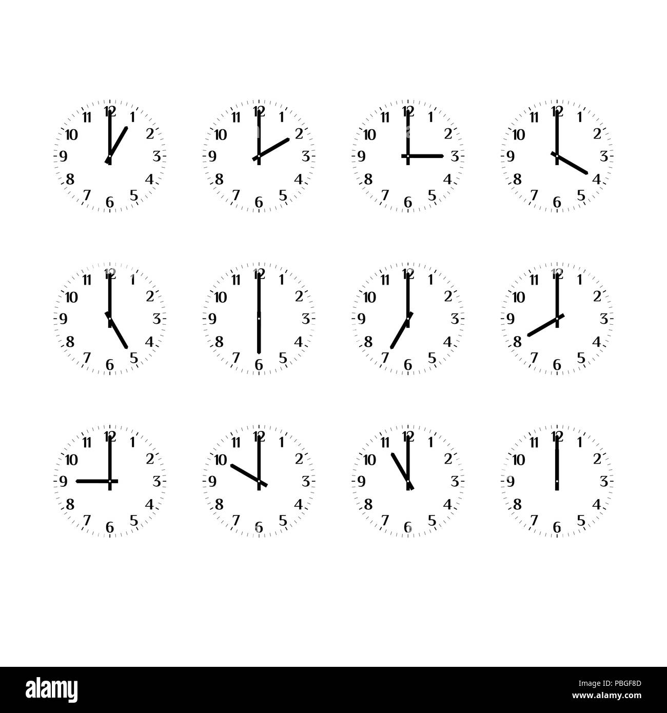 Clock Icon Set Showing The Times Of Day Clock Face Hour And Minute Hands Arabic Numerals From One O Clock Till Twelve Black And White Illustratio Stock Photo Alamy