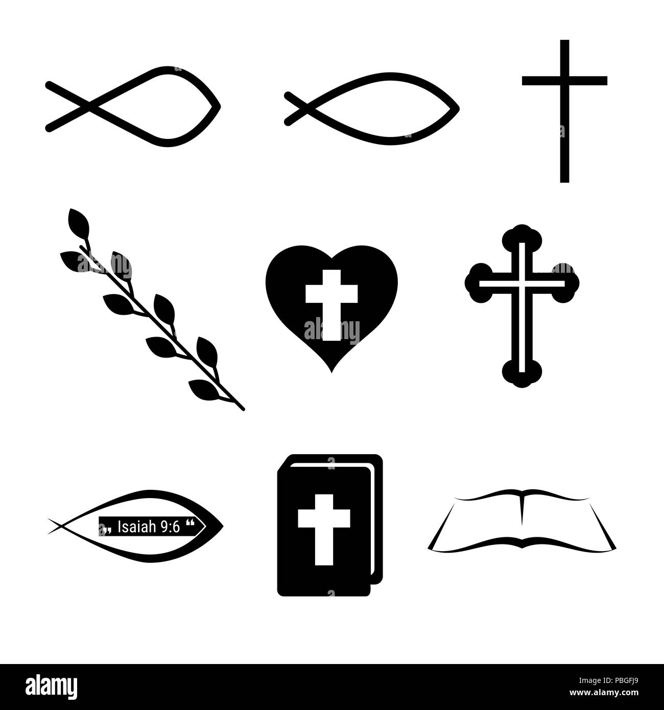 Christian Icons or Symbols. Fish, Cross, Heart, Wine and Holy Bible. Design Elements Set for Web Design, Banners, Presentations or Business Cards, Fly Stock Photo