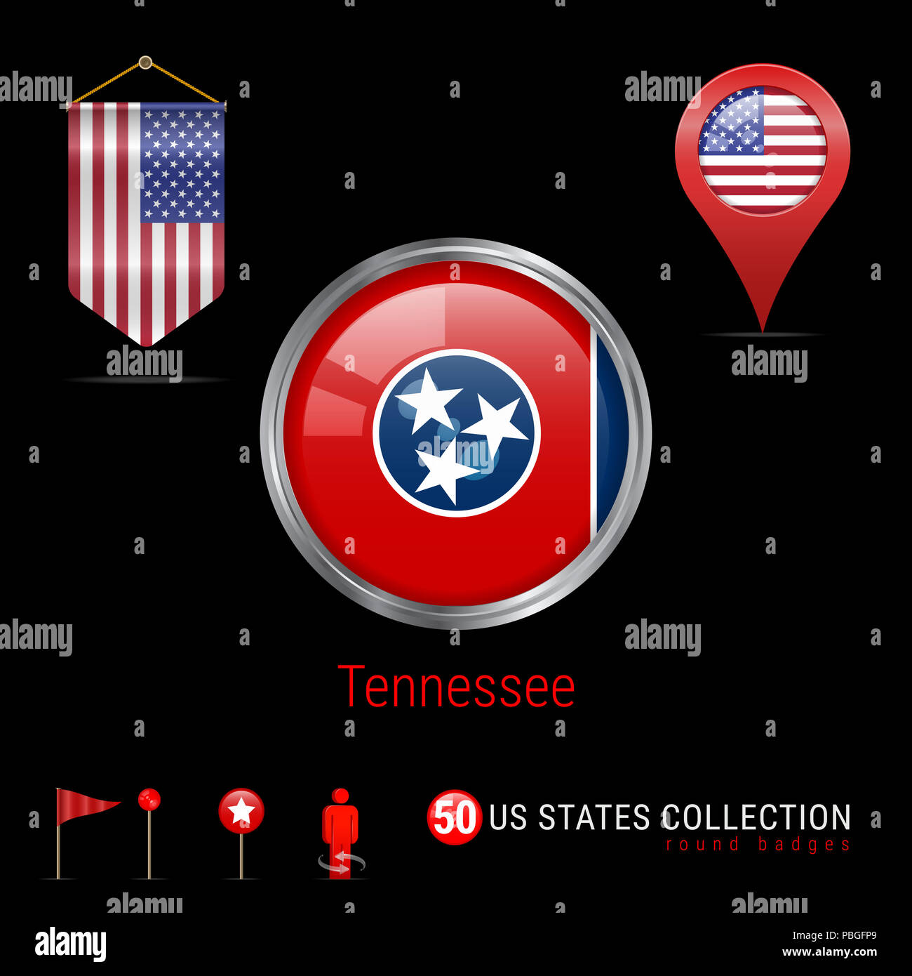 Round Silver Badge with Tennessee US State Flag. Glossy Button Flag of Tennessee. Round Icon of Tennessee with Metal Frame. Pennant Flag of USA. Map P Stock Photo