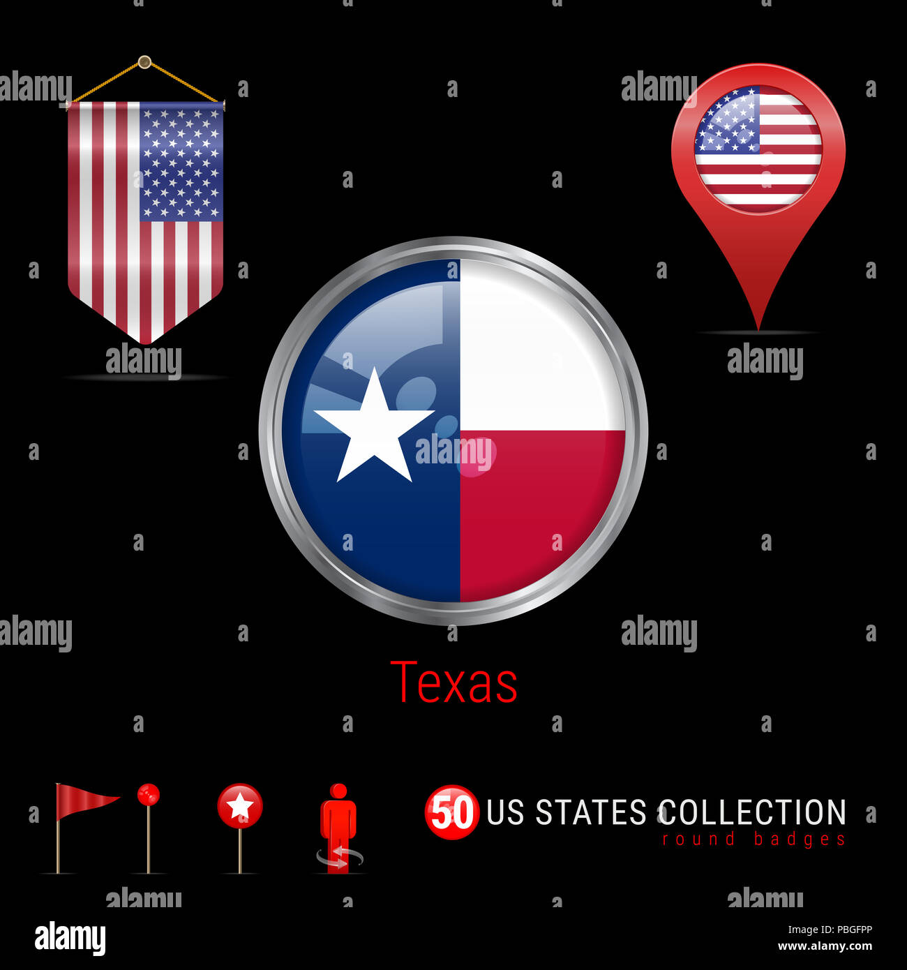 Round Silver Badge with Texas US State Flag. Glossy Button Flag of ...