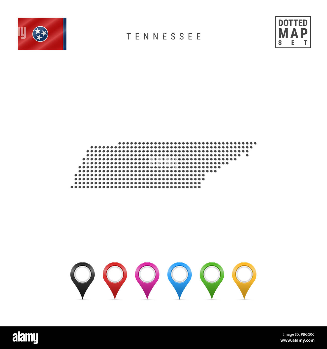 Dots Pattern Map of Tennessee. Stylized Simple Silhouette of Tennessee. The Flag of the State of Tennessee. Set of Multicolored Map Markers. Illustrat Stock Photo