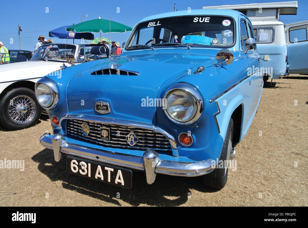 A 1958 Austin Cambridge parked up on display at the English Riviera