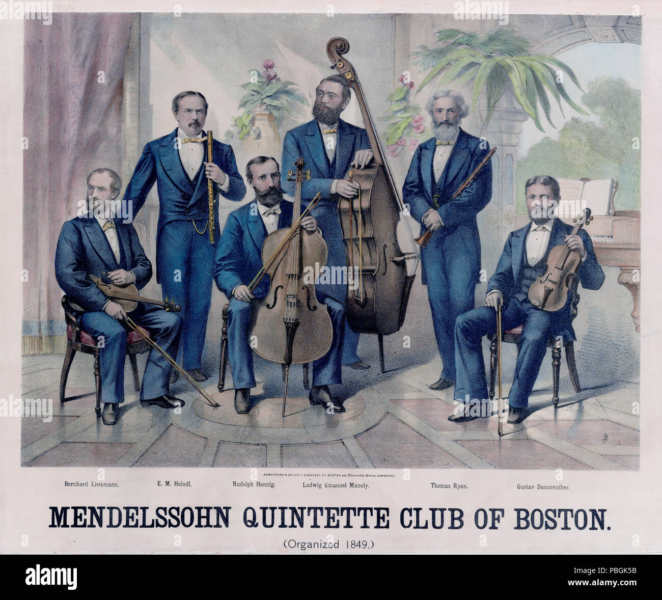 Mendelssohn Quintette Club of Boston with  instruments; shown are, from left, Bernhard Listemann, E.M. Heindl, Rudolph Hennig, Ludwig Emanuel Manoly, Thomas Ryan, and Gustav Dannreuther. 1878-79 Stock Photo