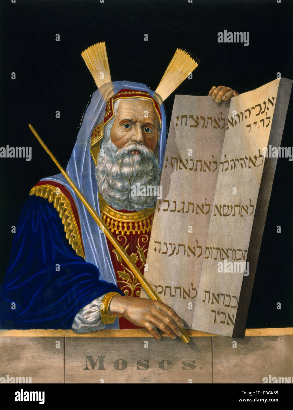 Moses, head-and-shoulders portrait, facing right, holding a short staff in his right hand and the tablet with the ten commandments c 1874 H. Schile Stock Photo