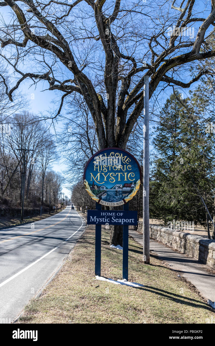 Road and walkway leading into Mystic, Connecticut, historic Stock Photo