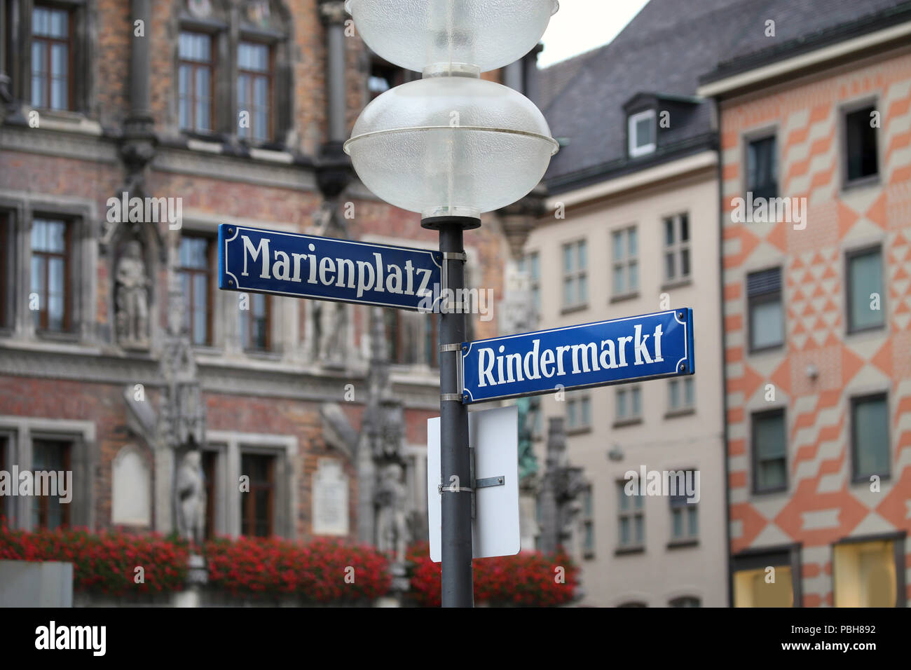Marienplatz and Rindermarkt  street and square name on the Marienplatz in Munich, German Stock Photo