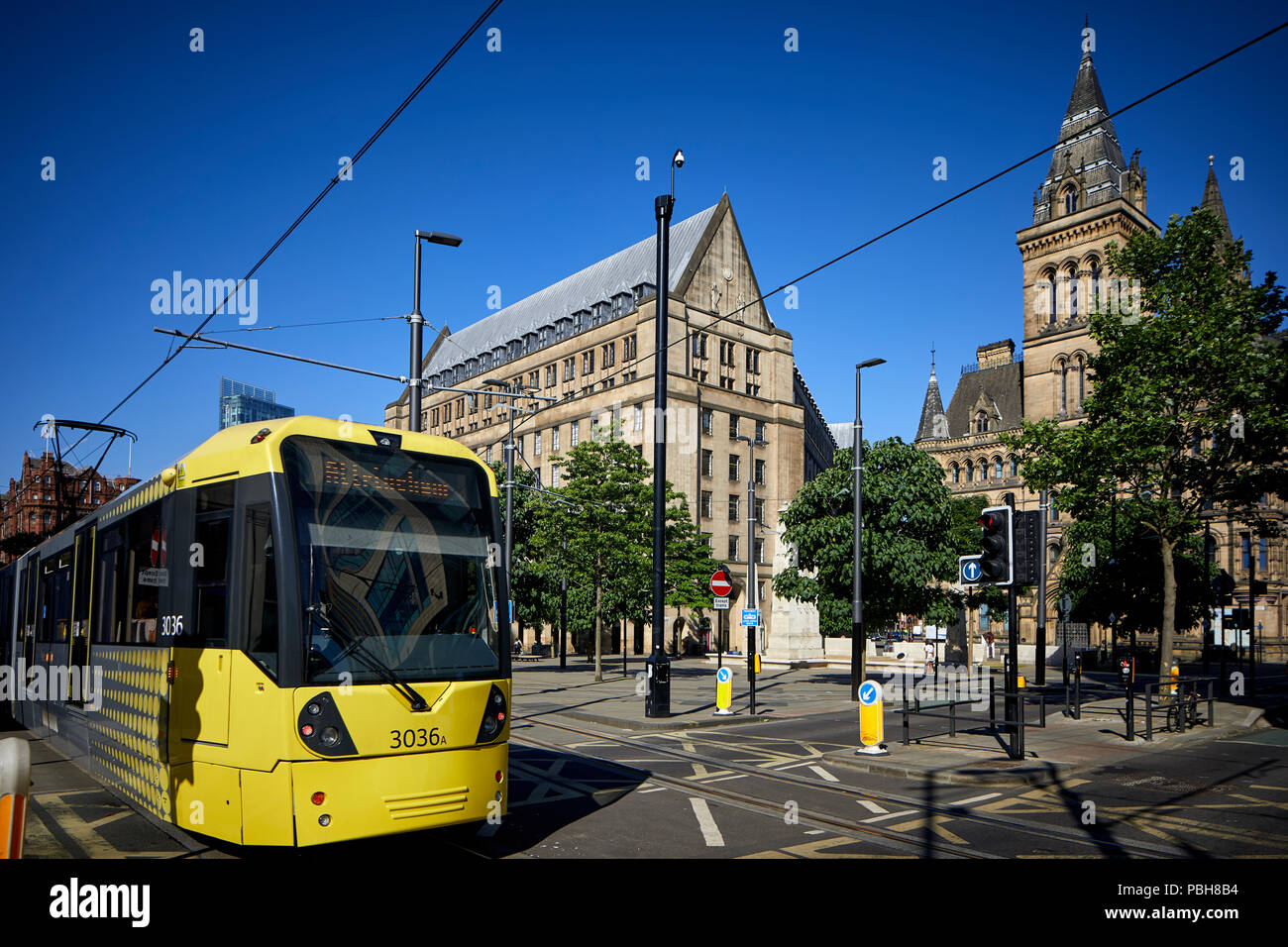 Metrolink tram at Peters Square, Town hall,   Manchester city centre Stock Photo