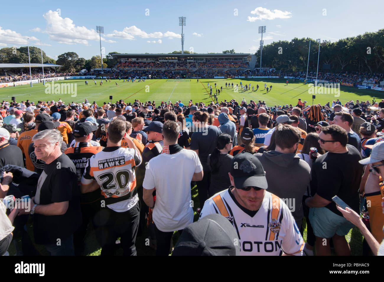Round 16 of the NRL season saw WestsTigers take on The Gold Coast Titans at Sydney's Leichhardt Oval in front of a near capacity crowd of Tigers fans Stock Photo
