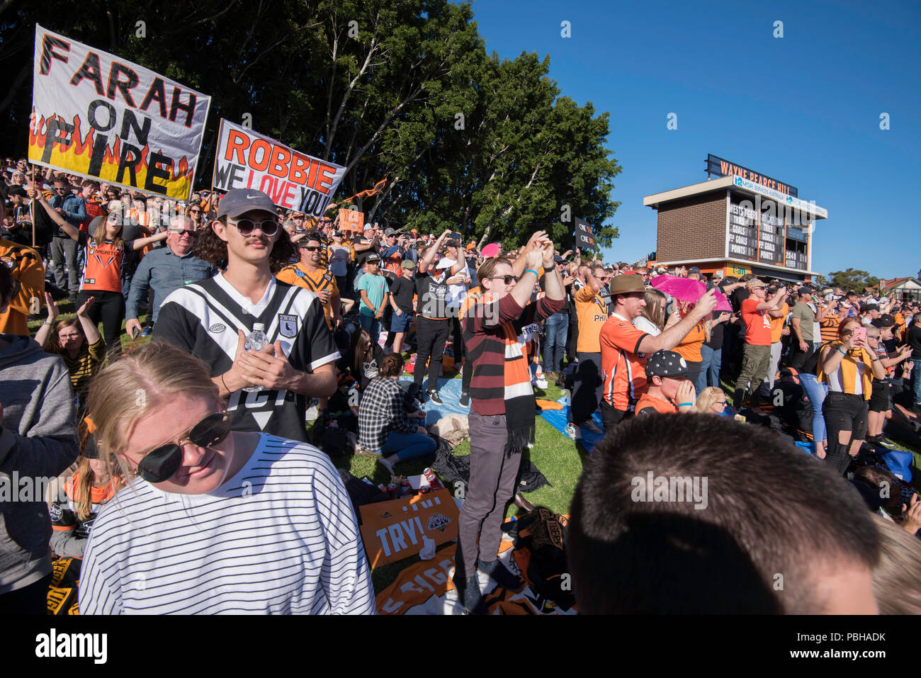 Round 16 of the NRL season saw WestsTigers take on The Gold Coast Titans at Sydney's Leichhardt Oval in front of a near capacity crowd of Tigers fans Stock Photo