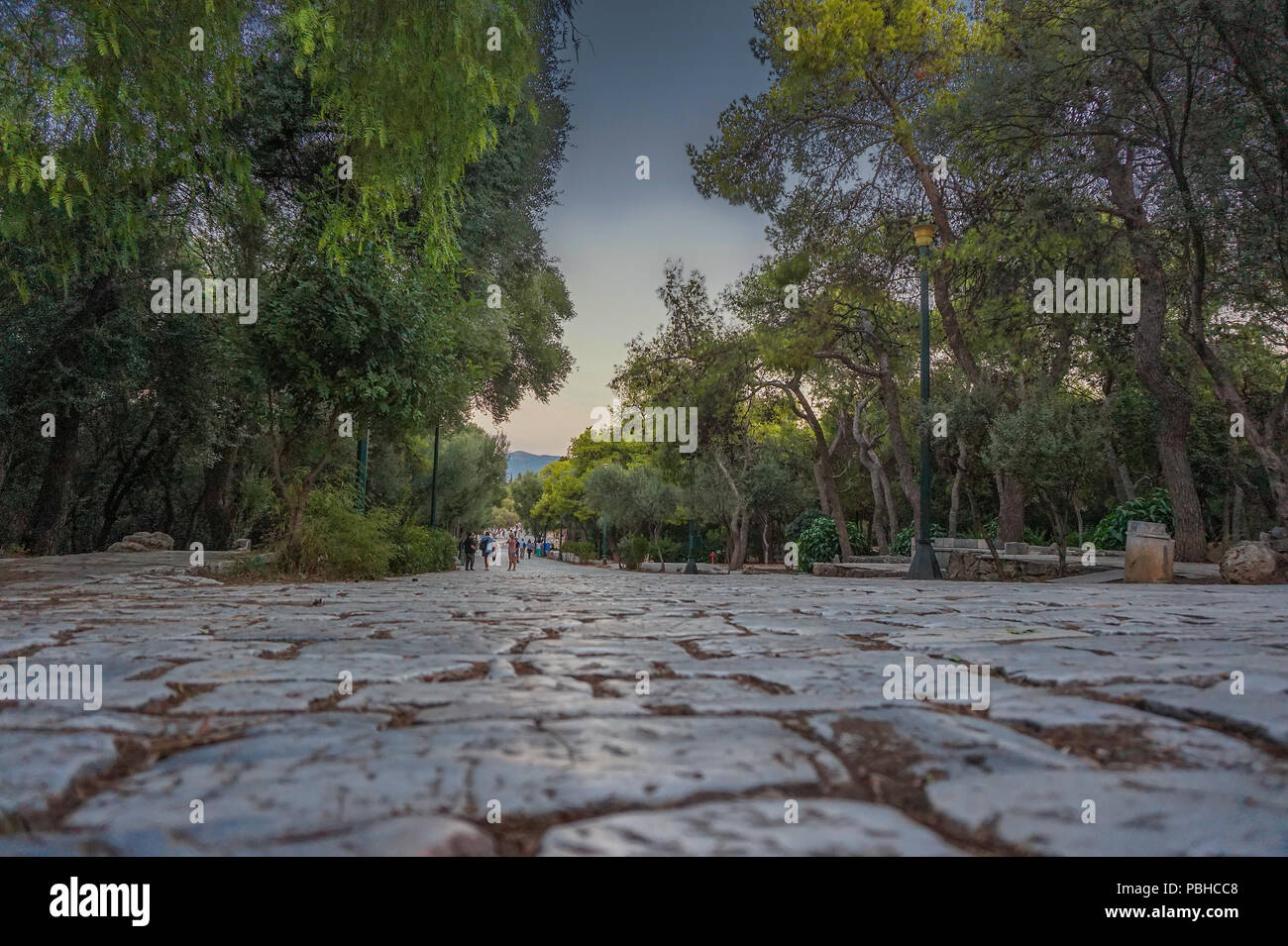 The Paved Areopagitou pedestrian street in Athens near the Acropolis of Athens Stock Photo