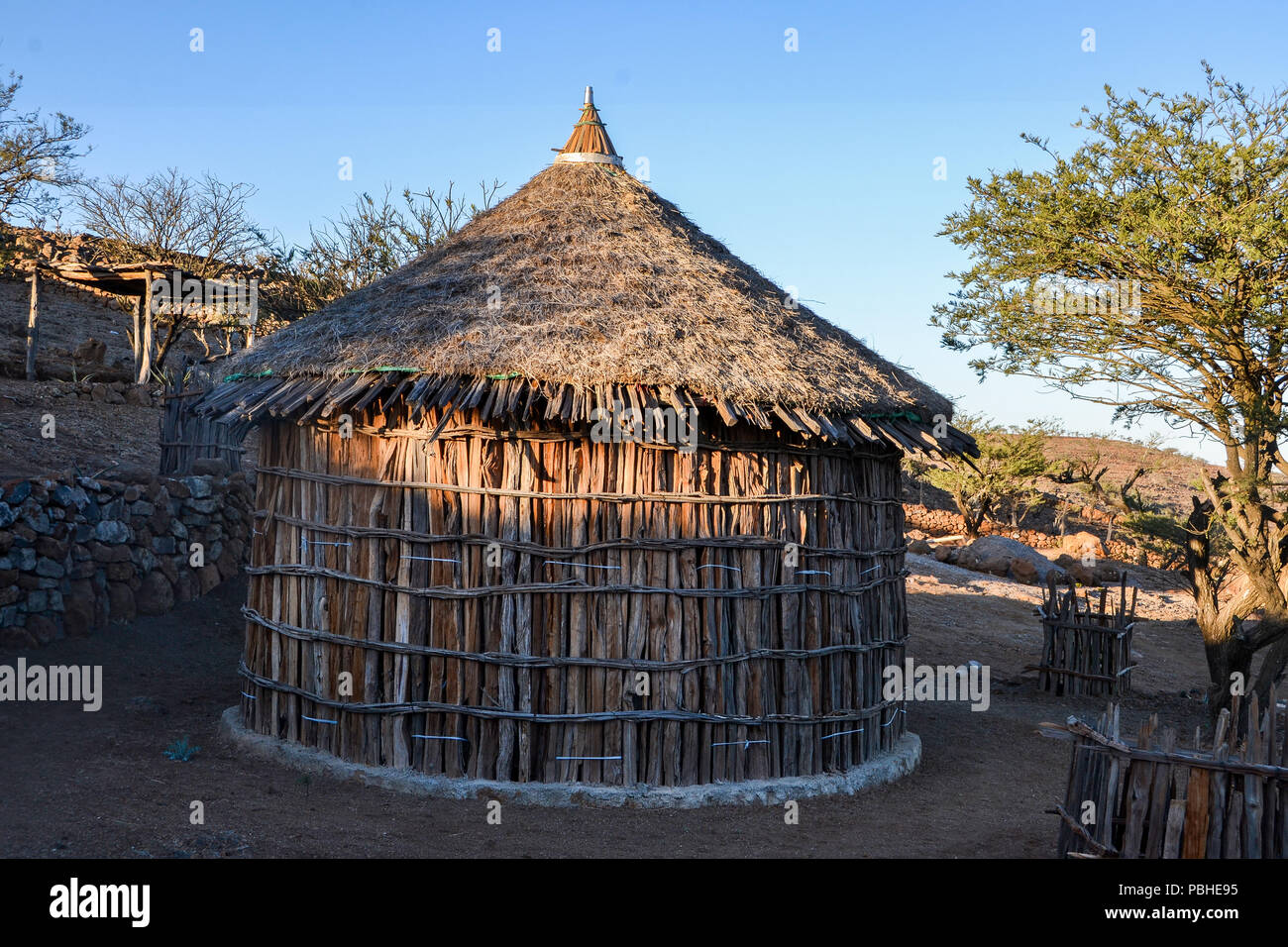 Typical rounded Djiboutian huts in a village in northern Djibouti, Day Forest National Park ( Forêt du Day) in Horn of Africa Stock Photo