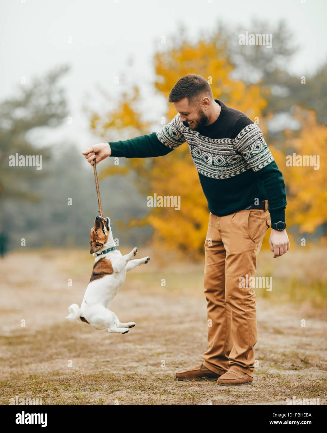 Young man has fun and plays with his dog during walk in autumn forest. Stock Photo