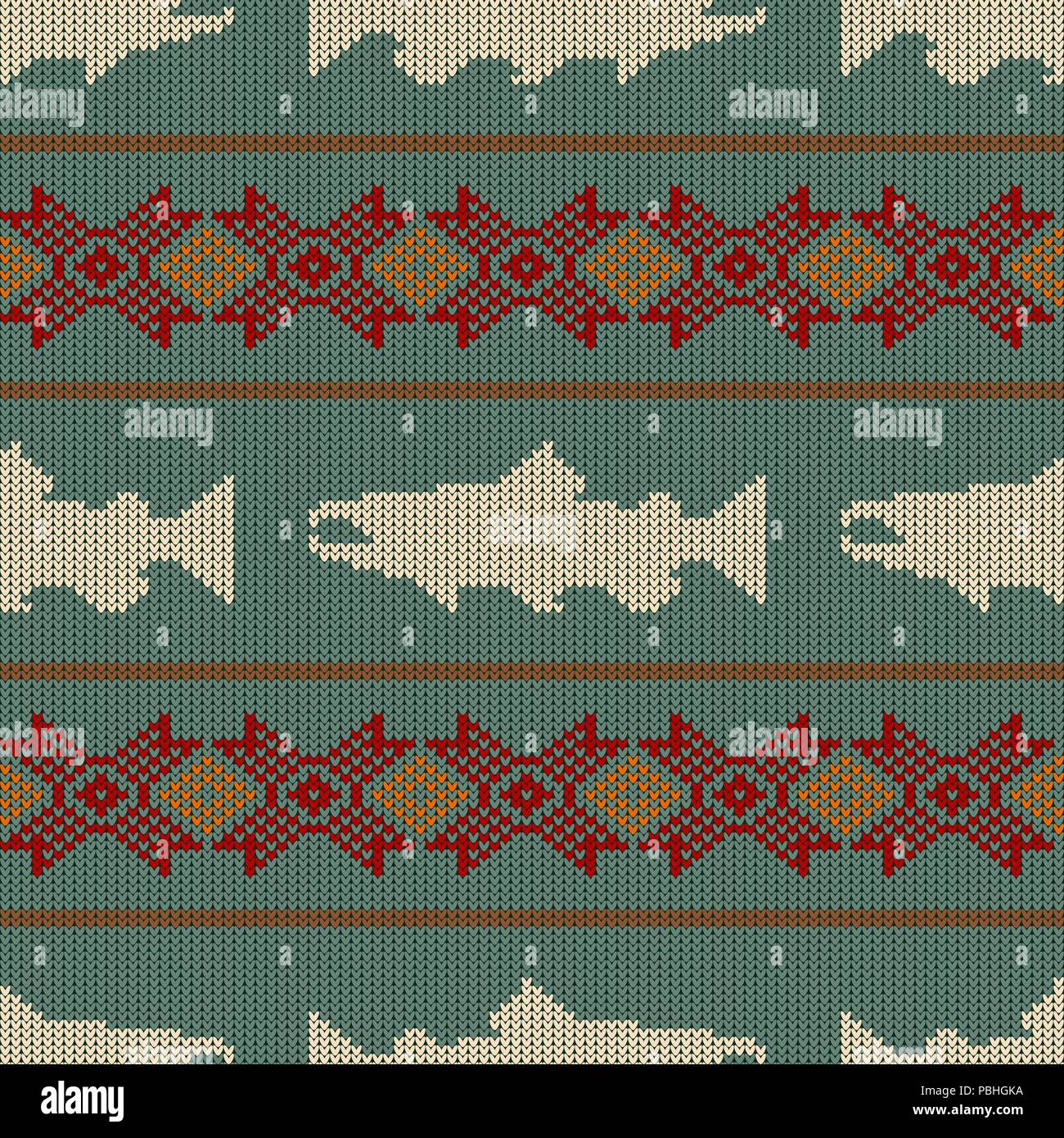 Knitted seamless pattern with Norwegian salmon Stock Vector