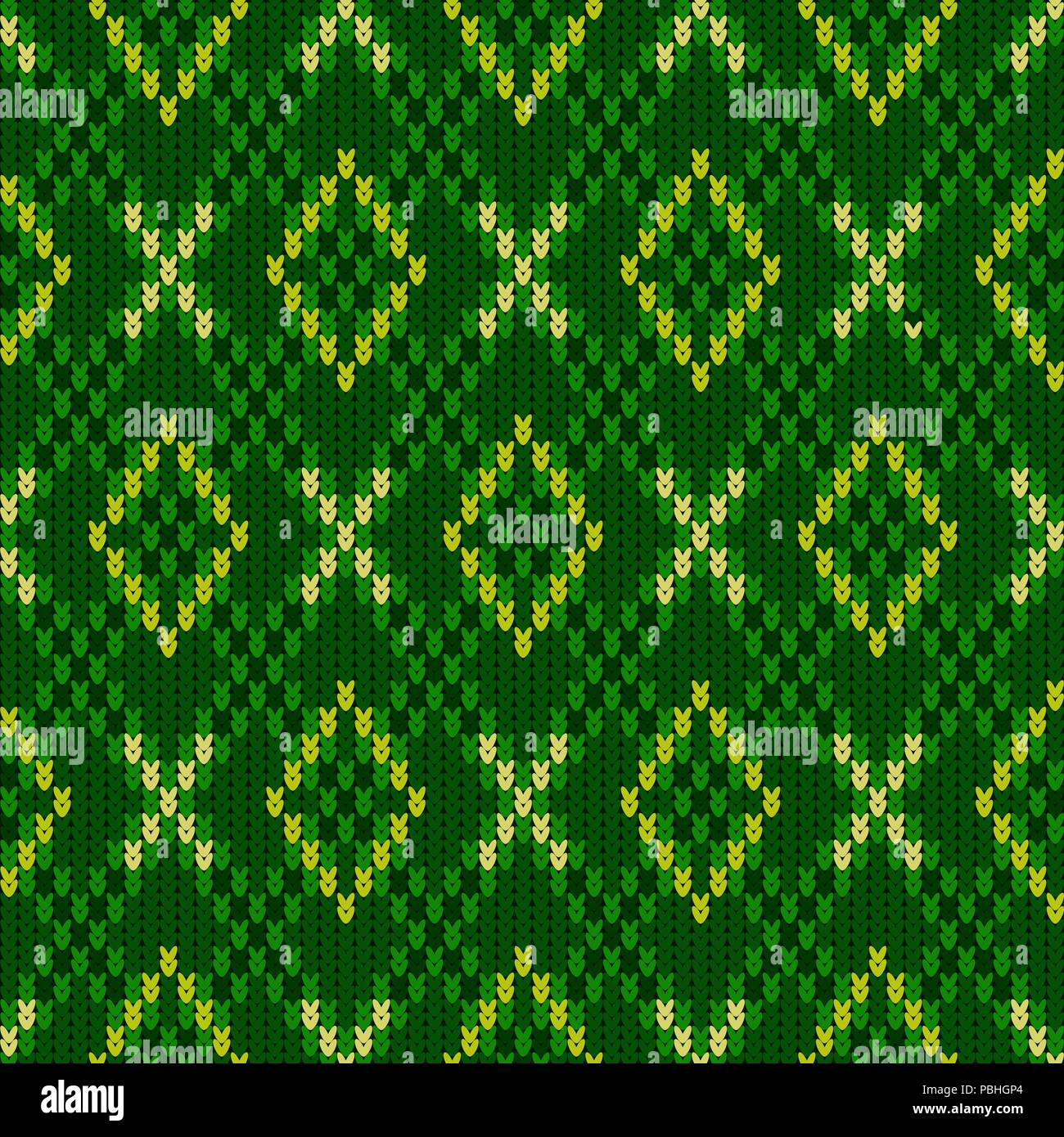 Knitted woolen seamless jacquard ornament. Crosses and diamonds in green tones of lime Stock Vector