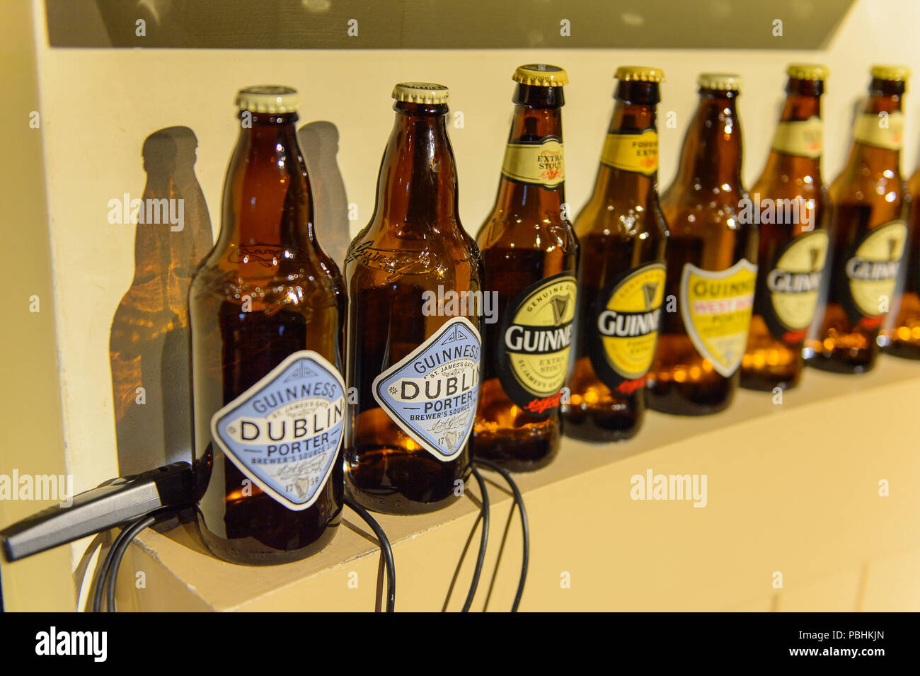 DUBLIN, IRELAND JULY 12, 2016 Bottles of Guinness in the museum in