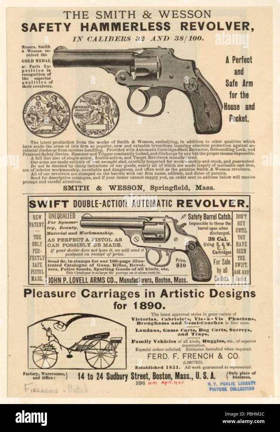 1701 The Smith &amp; Wesson safety hammerless revolver and Lovell swift double-action automatic revolver Stock Photo