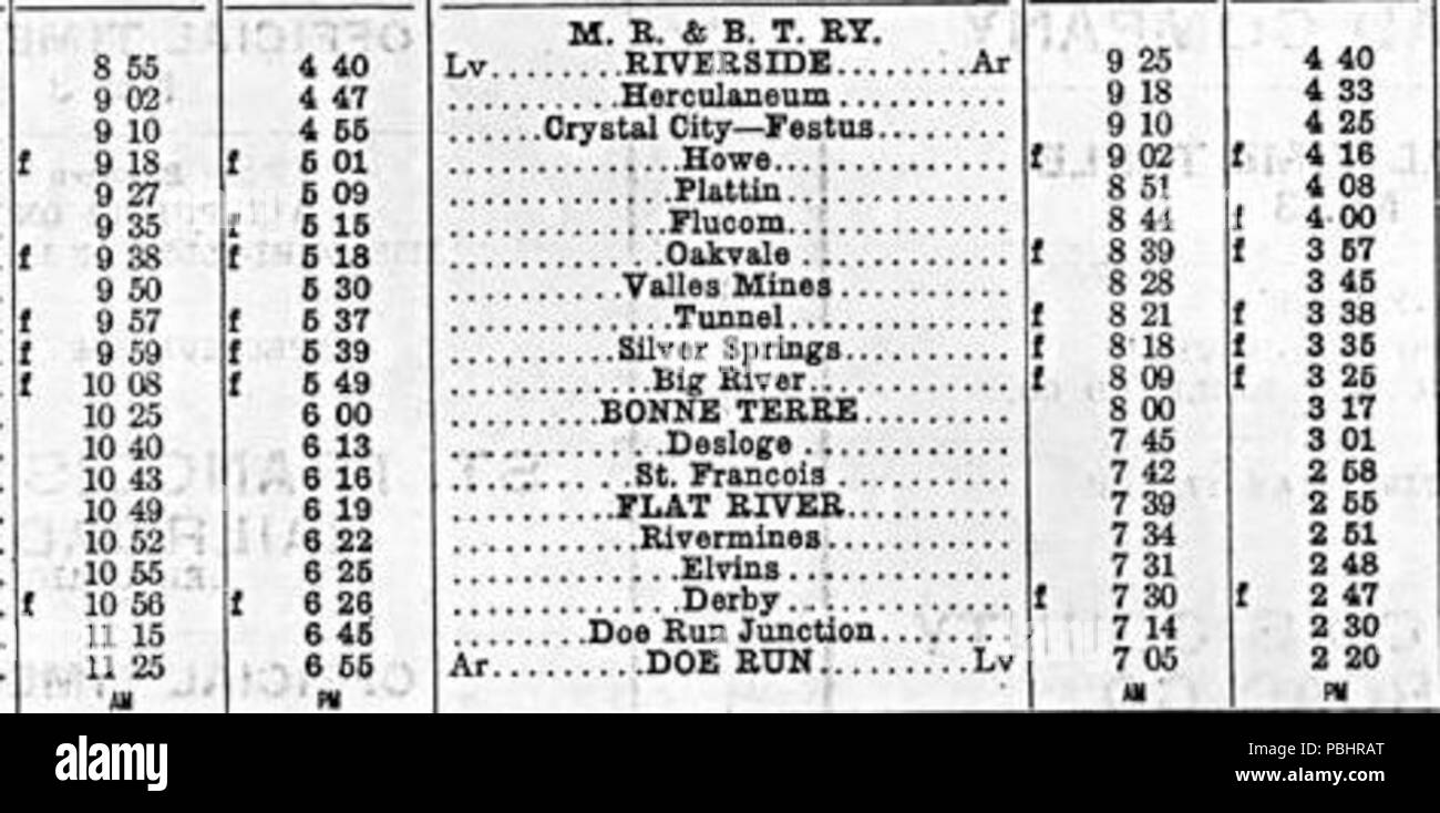 1750 Time Table of Mississippi River & Bonne Terre Raiway Stock Photo