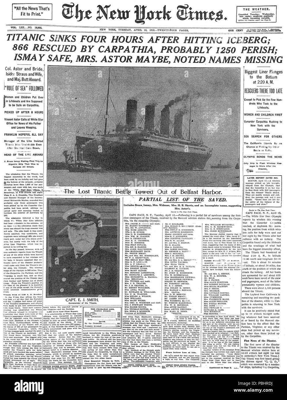 Titanic Sinking Newspaper Hi Res Stock Photography And Images Alamy