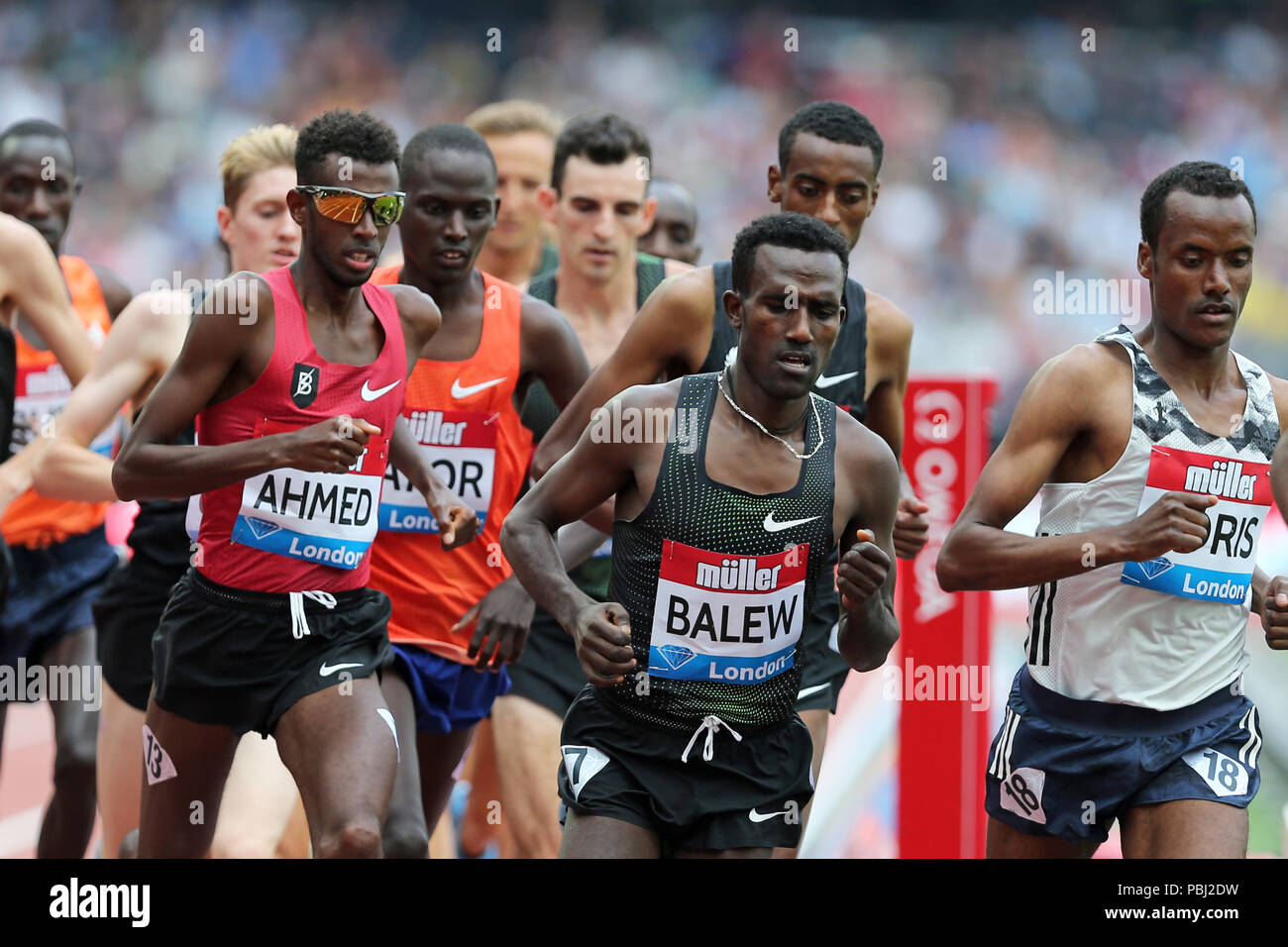 Mohammed AHMED (Canada), Birhanu BALEW (Bahrain) competing in the Men's 5000m Final at the 2018, IAAF Diamond League, Anniversary Games, Queen Elizabeth Olympic Park, Stratford, London, UK. Stock Photo