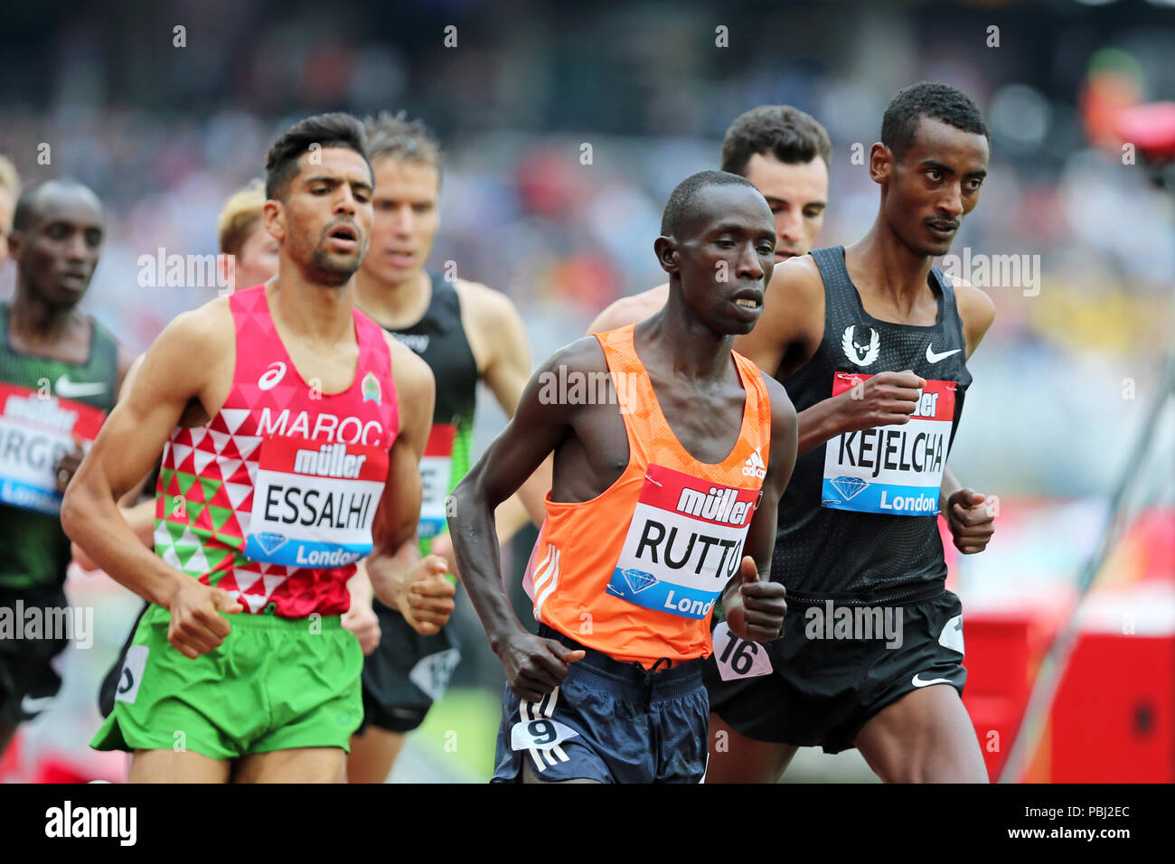Cyrus RUTTO (Kenya), Yomif KEJELCHA (Ethiopia) competing in the Men's 5000m Final at the 2018, IAAF Diamond League, Anniversary Games, Queen Elizabeth Olympic Park, Stratford, London, UK. Stock Photo