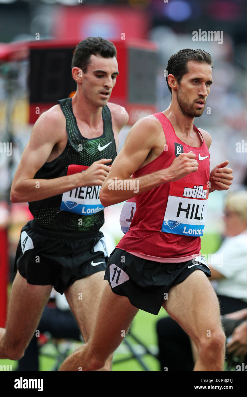 Patrick TIERNAN (Australia), Ryan HILL (United States of America) competing in the Men's 5000m Final at the 2018, IAAF Diamond League, Anniversary Games, Queen Elizabeth Olympic Park, Stratford, London, UK. Stock Photo