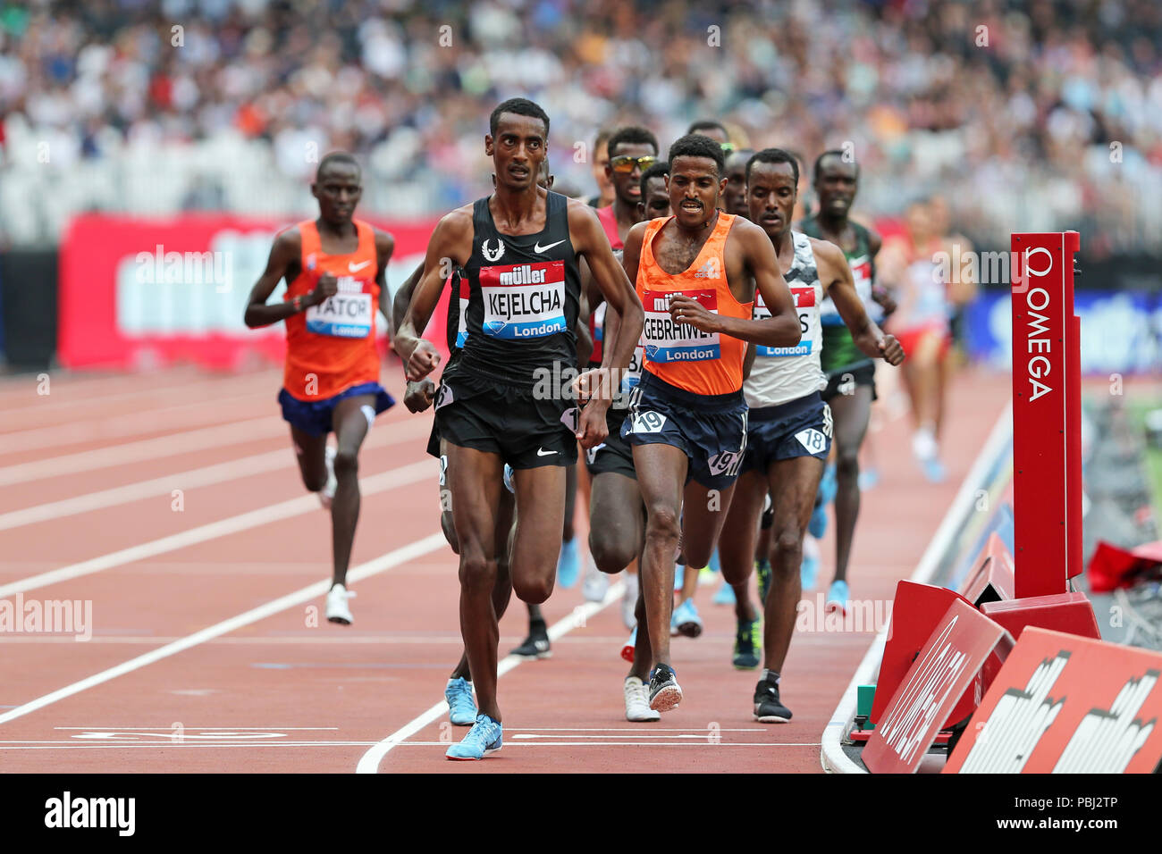 Yomif KEJELCHA (Ethiopia), Hagos GEBRHIWET (Ethiopia) competing in the Men's 5000m Final at the 2018, IAAF Diamond League, Anniversary Games, Queen Elizabeth Olympic Park, Stratford, London, UK. Stock Photo