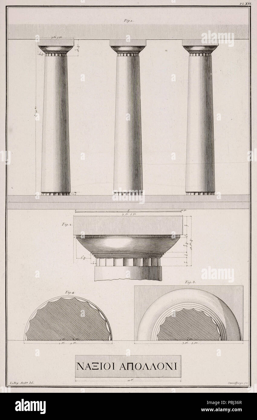 1812 View of Doric columns Plan and bottom plan of Doric columns View of the capital of the column - Le Roy Julien David - 1770 Stock Photo