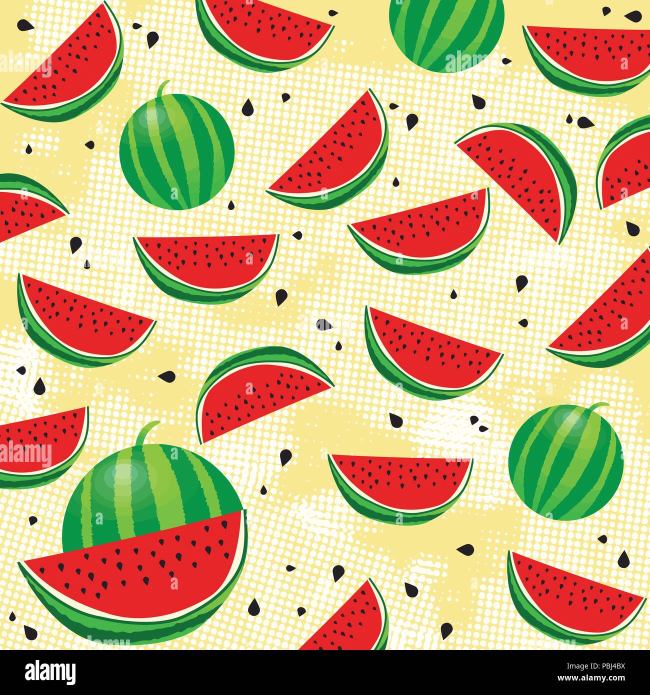 Background pattern with watermelon and seeds on yellow background, vector illustration Stock Vector