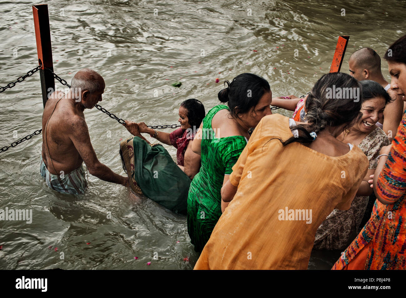 Pilgrims indu bathe in the Ganges at Haridwar, India Stock Photo
