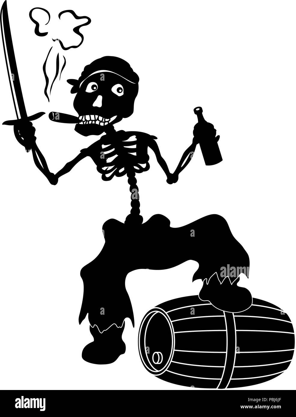 Jolly Roger skeleton, black silhouettes Stock Vector