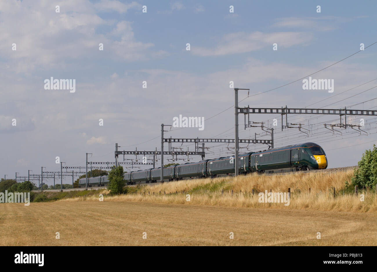 A new class 800 IET (Intercity Express Train) number 800305 working a Great Western Railway service at South Stoke on the 26th July 2018. Stock Photo