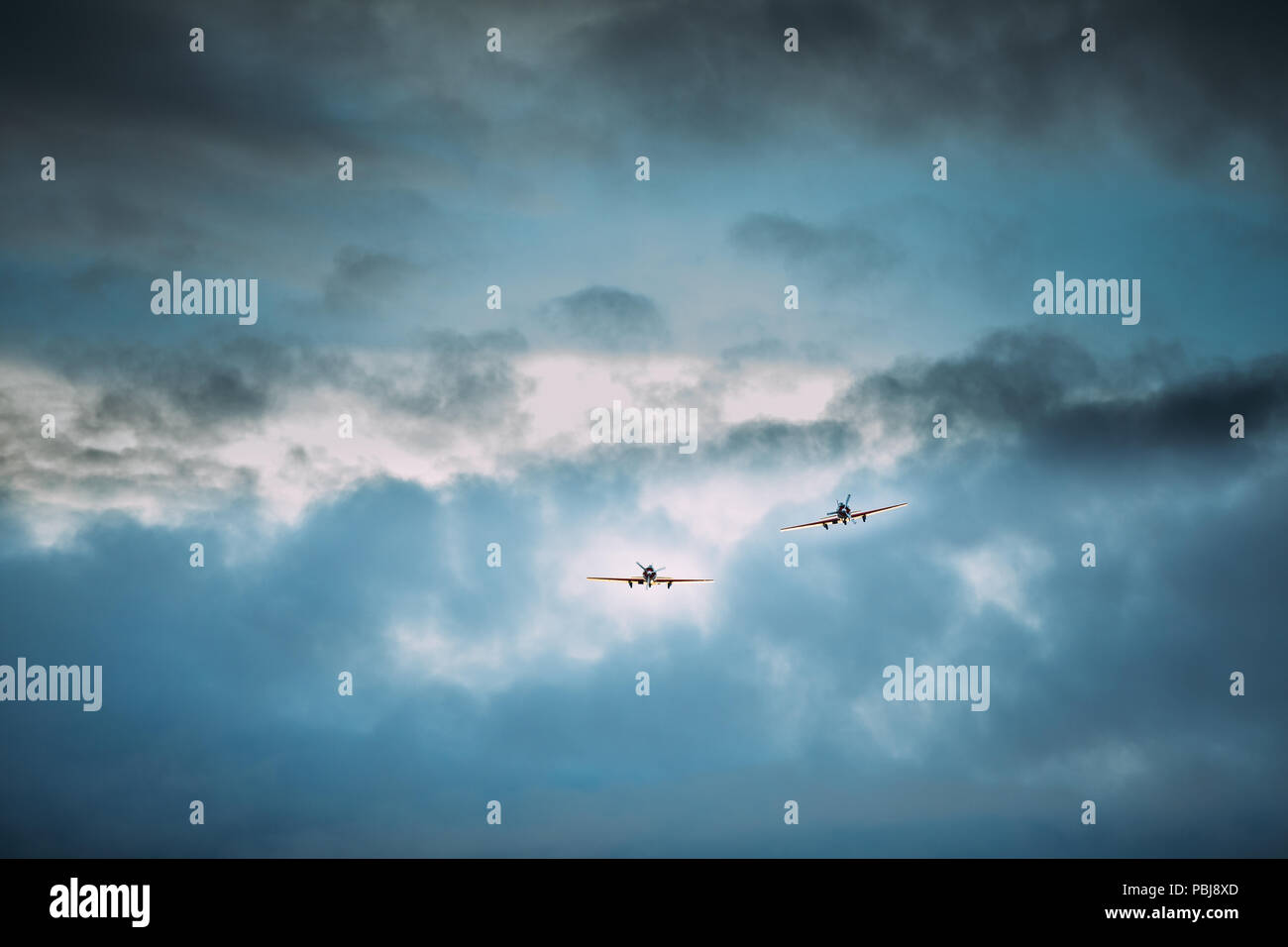Two Old Planes Aircraft Airplanes Flying In Cloudy Sky Stock Photo - Alamy