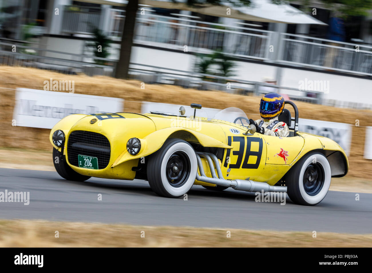 1959 Balchowsky-Buick 'Ol' Yeller II' endurance racer with driver Ernest Nagamatsu at the 2018 Goodwood Festival of Speed, Sussex, UK. Stock Photo