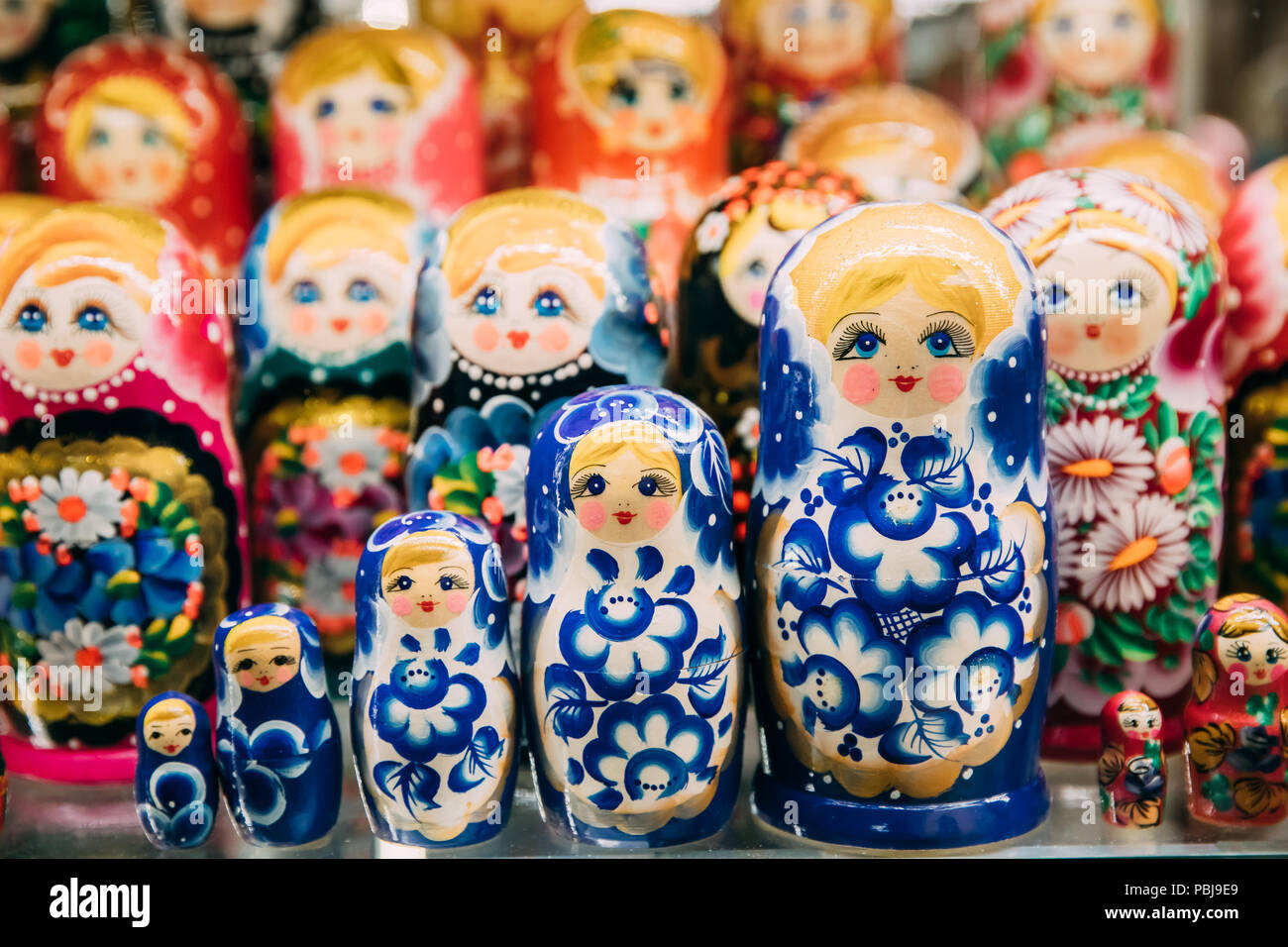 Colorful Russian Nesting Dolls Matreshka At Market. Matrioshka Babushka