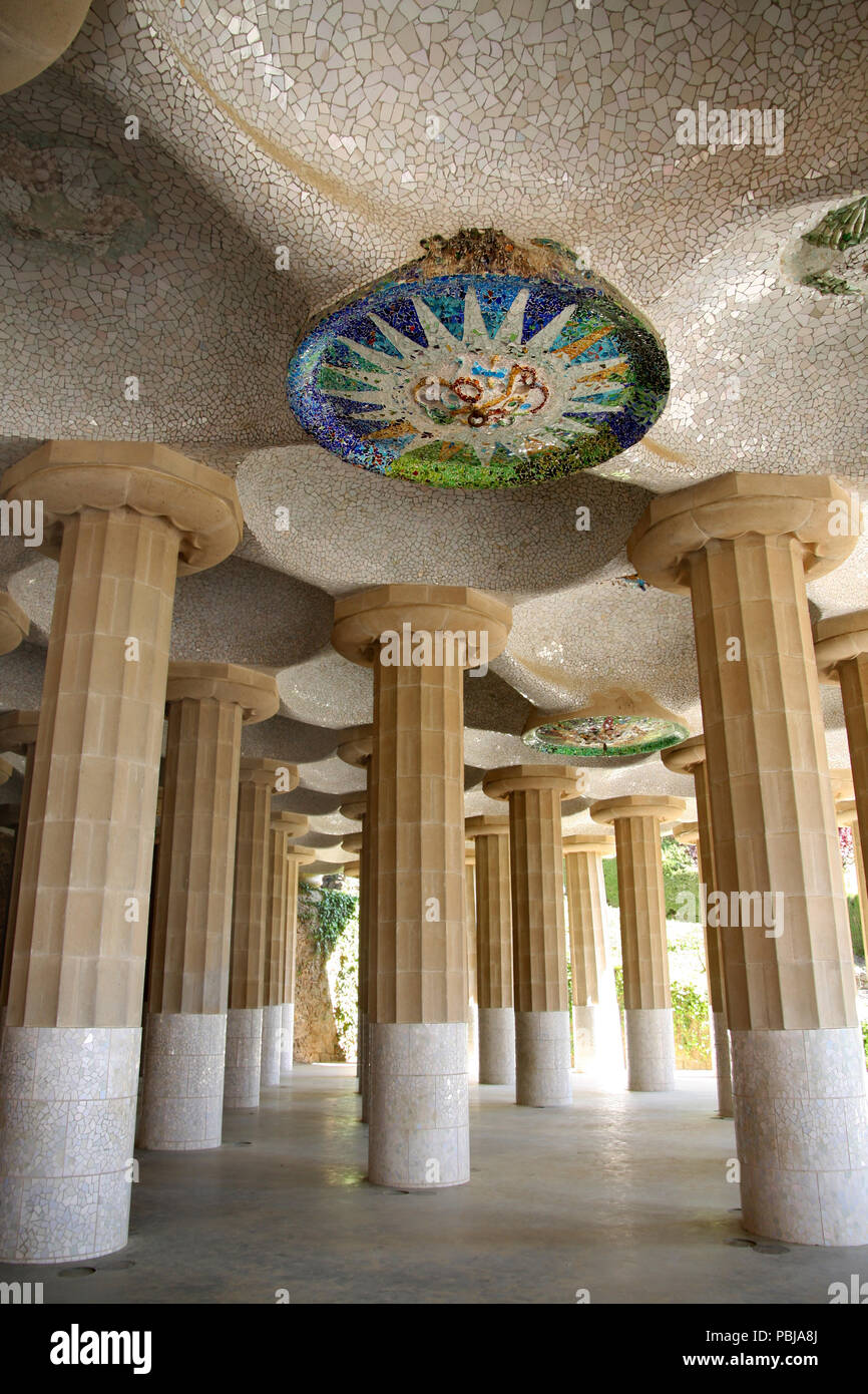 Details of Hypostyle hall with mosaic in Park Guell, Barcelona, Spain Stock Photo
