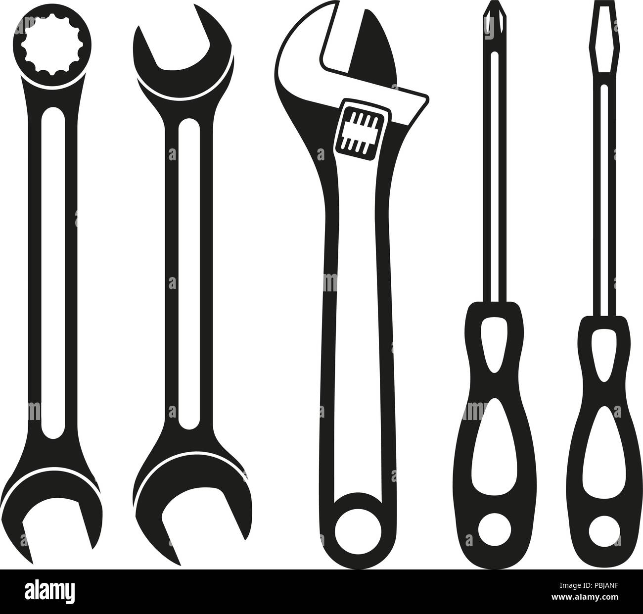 Black and white wrench screwdriver silhouette set Stock Vector Image