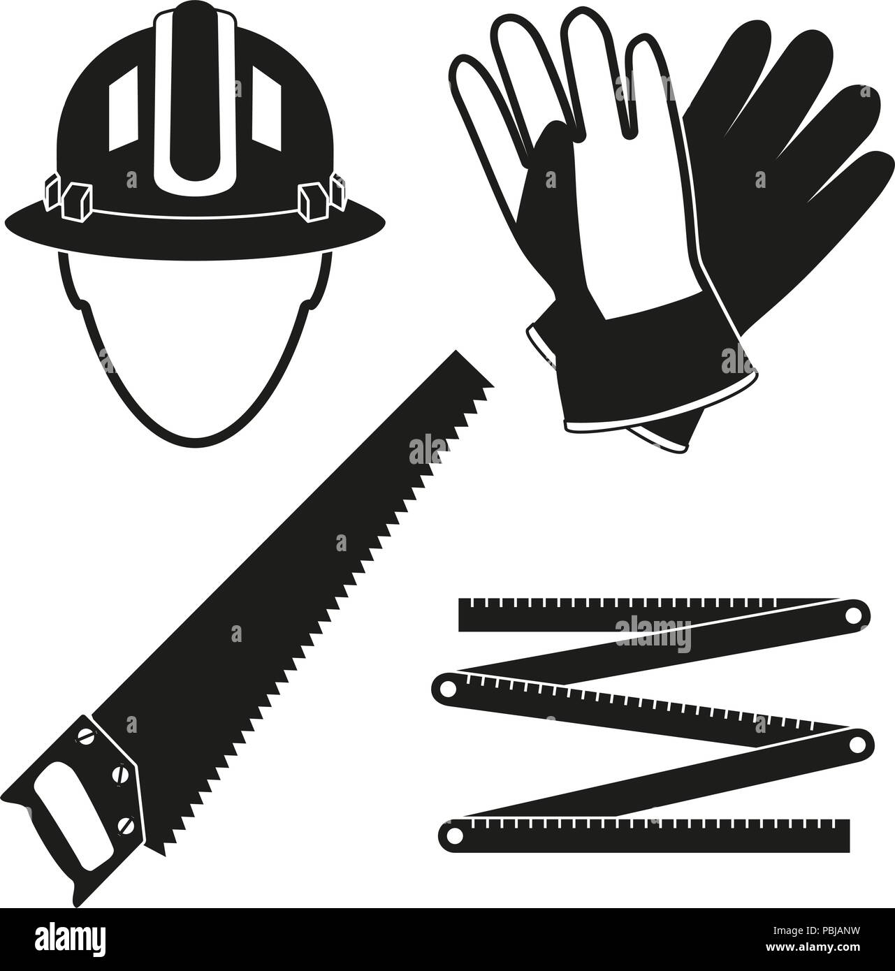 Black white 4 carpenter elements silhouette set Stock Vector