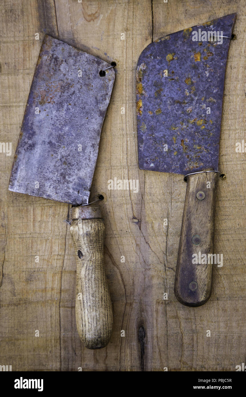 Antique kitchen knives, detail of objects to cut Stock Photo Alamy