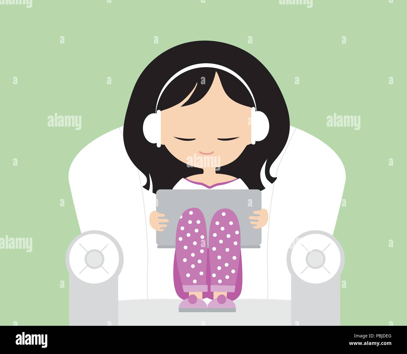 Young woman with headphones in pink pajamas on armchair with armrests, holding laptop and listening to music or watching film - vector, flat design Stock Vector